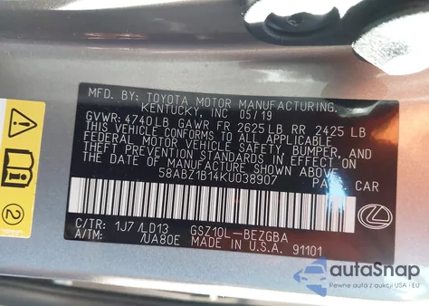 2019 Lexus Es 350 z USA, uszkodzony, nr VIN 58ABZ1B14KU038907